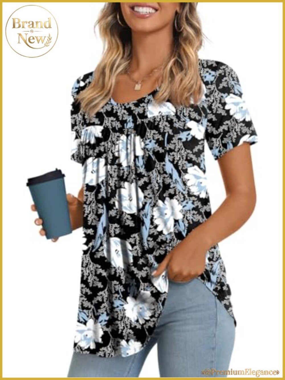 Women's Short Sleeve Tunic Top Stretchy Pleated Blouse Casual Tee S-4XL